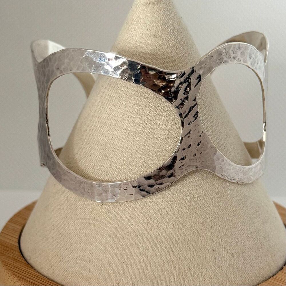 925 Sterling Silver Hammered Modernist Openwork Cuff Bracelet